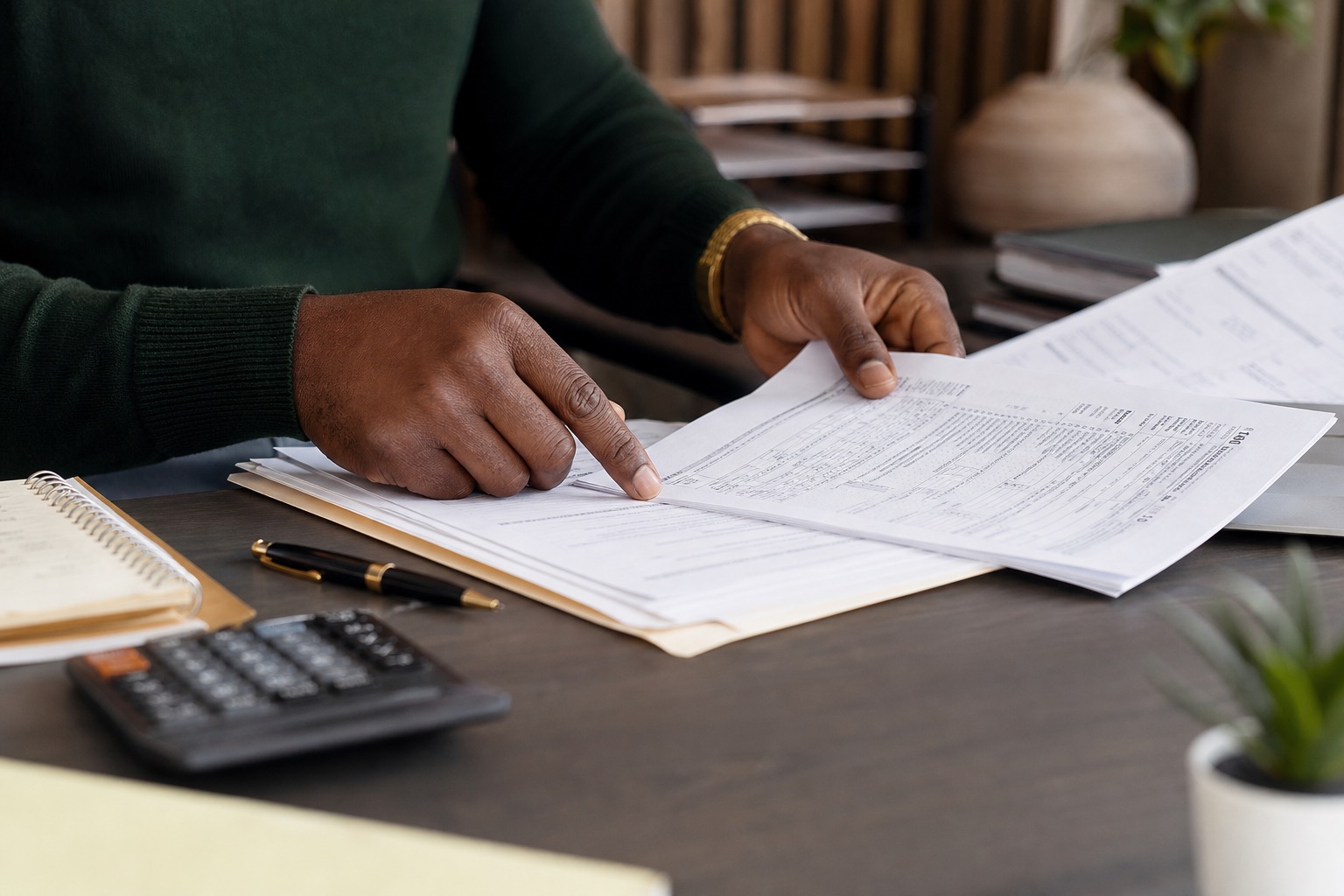 Black man reviewing tax documents by hand